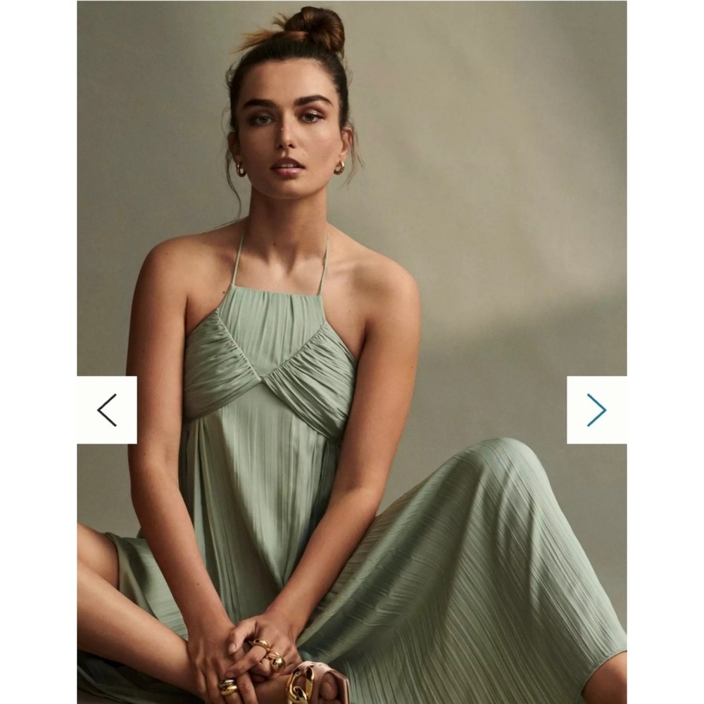 Anthropologie Sage Green Plisse Halter Maxi Dress Gathered Cutout Back sz L